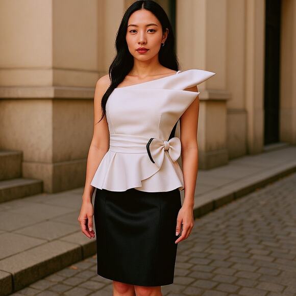 Vintage JCPenney White Satin Peplum Top Rhinestone Bow Size 9 10 - Picture 1 of 16